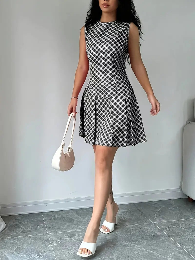 Robe Femme Sans Manches - Coupe Cintrée - Motif Carreaux - Jupe Évasée