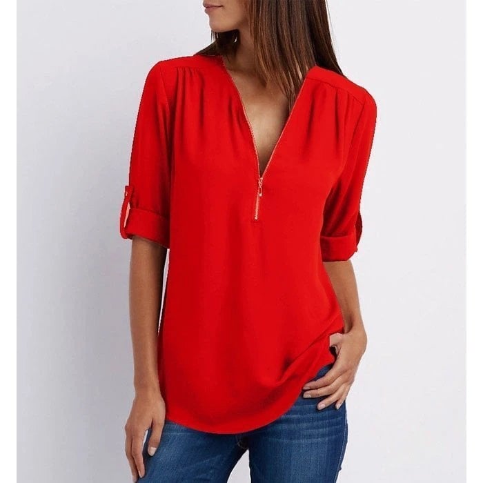 Blouse femme – Coupe décontractée – Tissu respirant – Demi-zip – Manches 3/4 retroussables