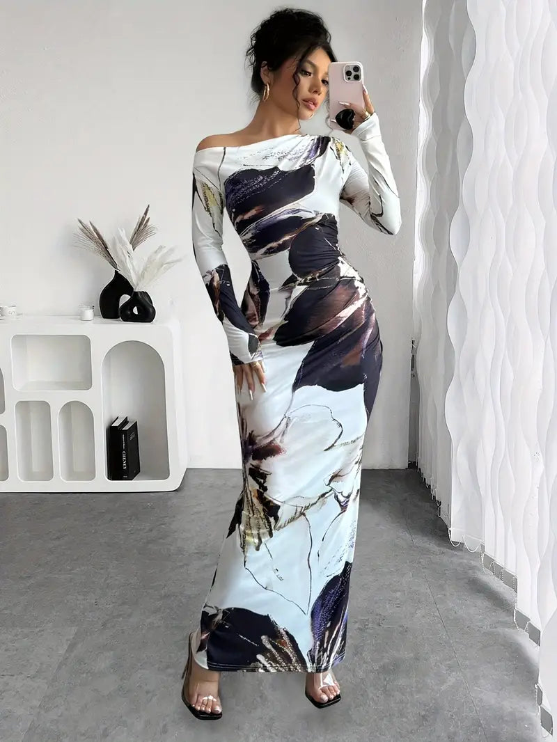 Robe Maxi Femme – Épaules Dénudées – Manches Longues – Coupe Ajustée – Imprimé Tendance