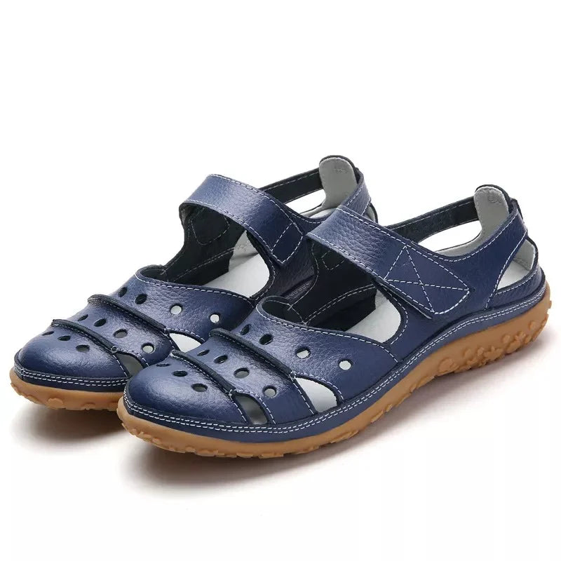Sandales Femme - Bout Fermé - Cuir Respirant - Semelle Confort Antidérapante - Scratch Ajustable