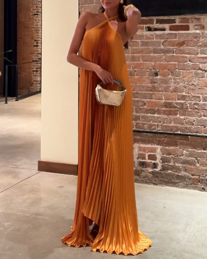 Robe Maxi Femme - Décolleté Halter Croisé - Tissu Plissé Élégant - Tenue de Soirée