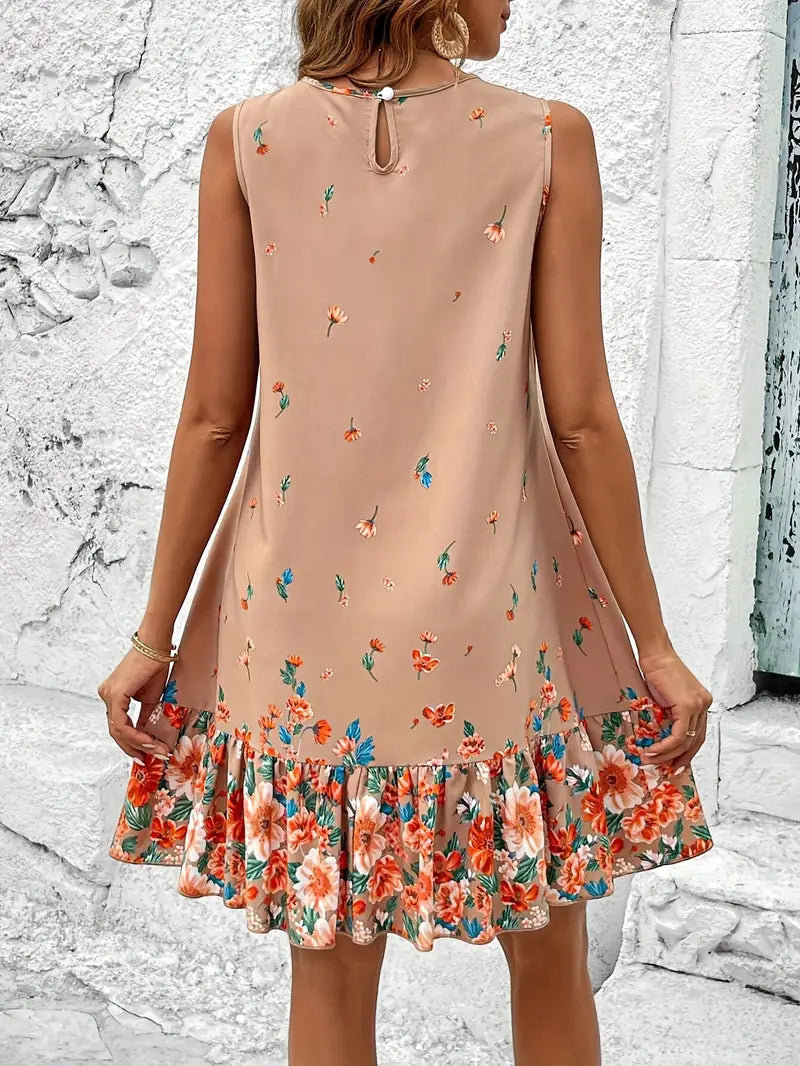 Robe Sans Manches Femme - Coupe Fluide - Imprimé Fleuri - Ourlet Volanté