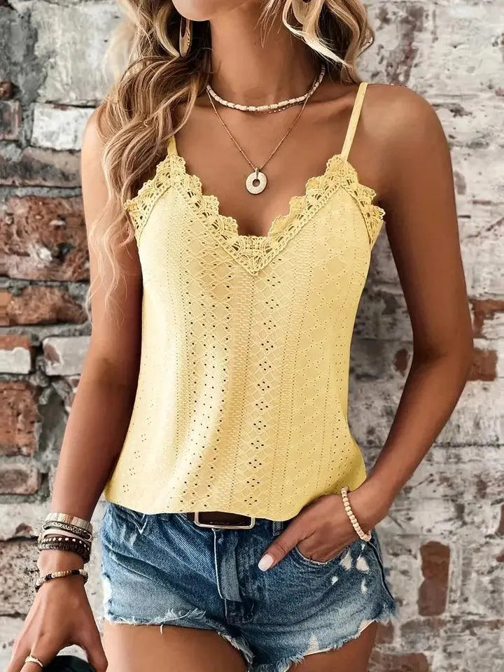 Top Camisole Femme - Dentelle Contrastée - Décolleté V - Bretelles Réglables