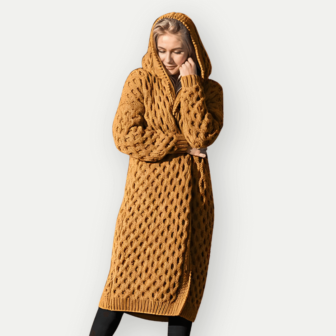 Veste longue femme à capuche – Coupe décontractée – Tricot torsadé – Ouverture frontale
