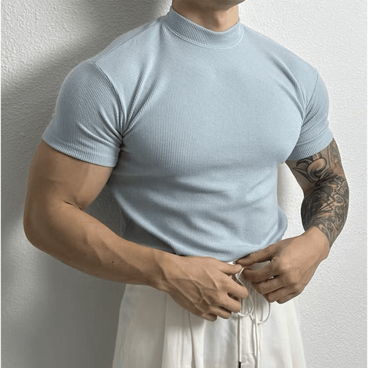T-shirt Ajusté Homme - Maille Côtelée Respirante - Manches Courtes - Col Montant