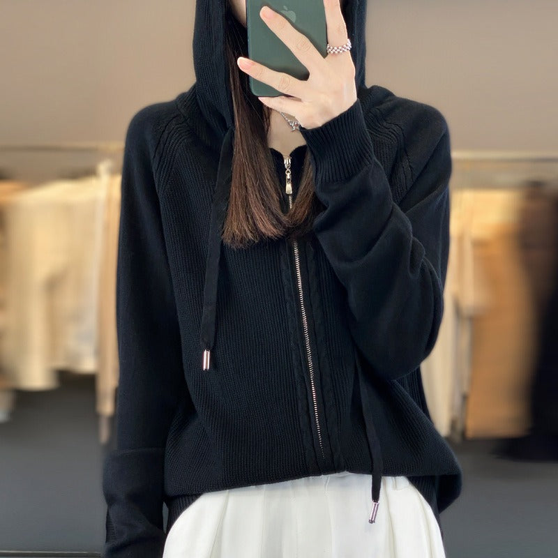 Sweat à capuche femme zippé – Coupe décontractée – Maille douce – Côtes et torsades