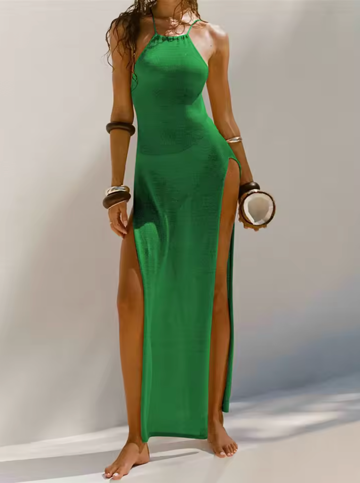 Robe Maxi Femme – Sans Manches – Fendue – Col Halter – Coupe Ajustée Élégante