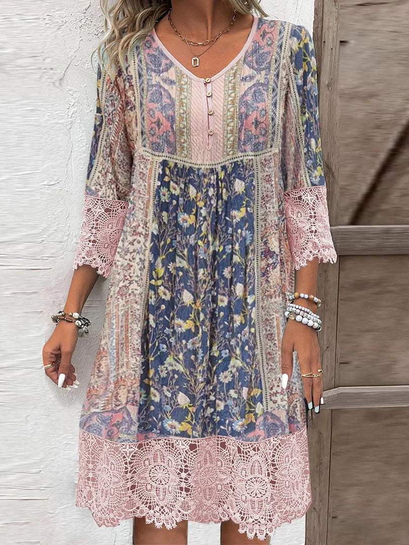 Robe Femme - Style Bohème - Manches 3/4 Dentelle - Col V Boutonné - Coupe Fluide