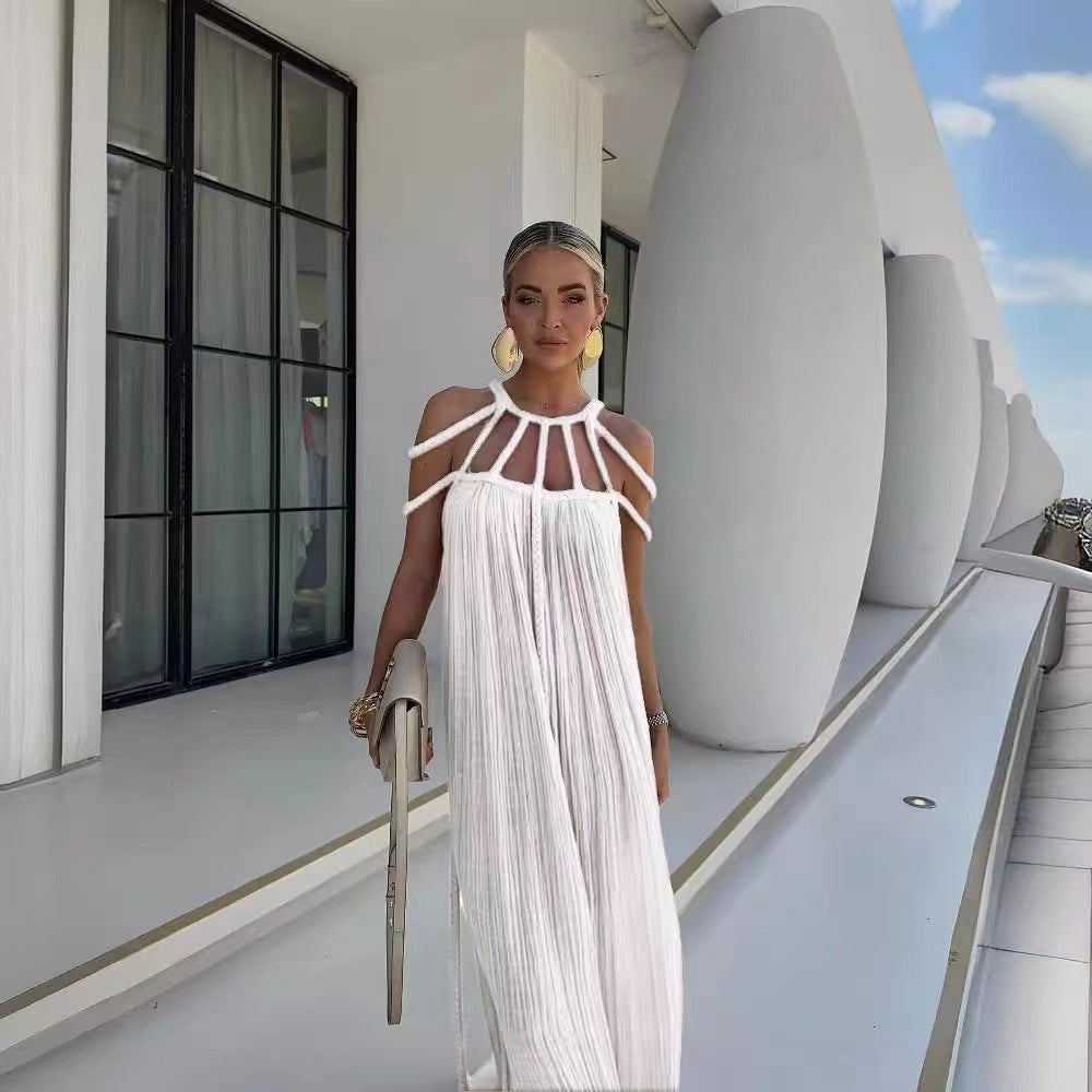 Robe Maxi Femme - Décolleté Halter - Plissée Élégante - Coupe Ample et Fluide