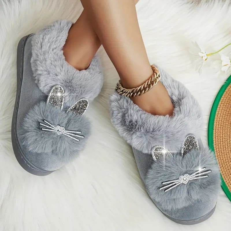 Chaussons Femme - Doublure Peluche - Motif Lapin Strass - Fermés et Confortables