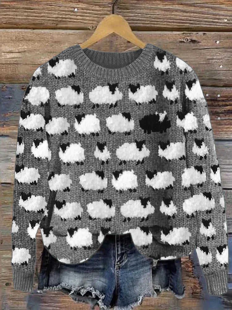 Pull femme – Coupe décontractée – Maille laine – Col rond – Motif moutons fantaisie
