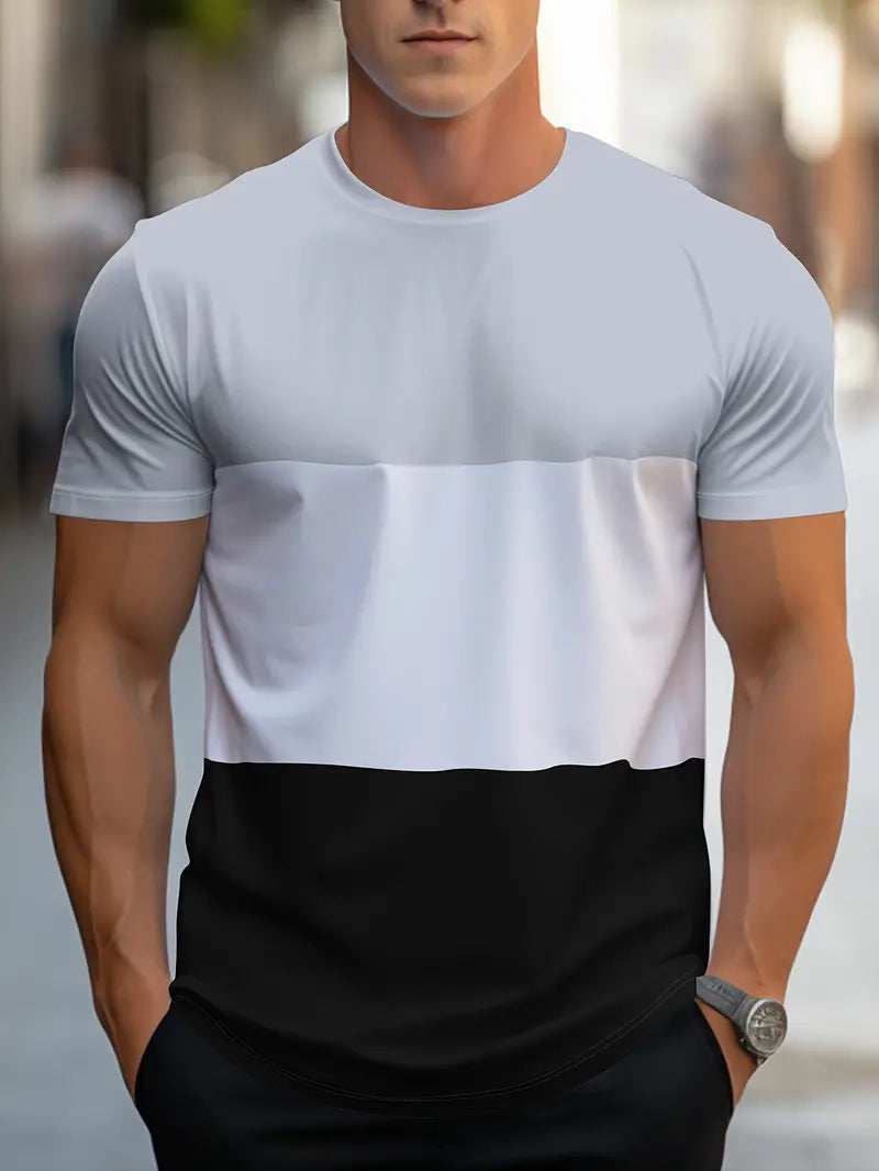 T-shirt homme - Coupe régulière - Col rond - Manches courtes - Motif color block