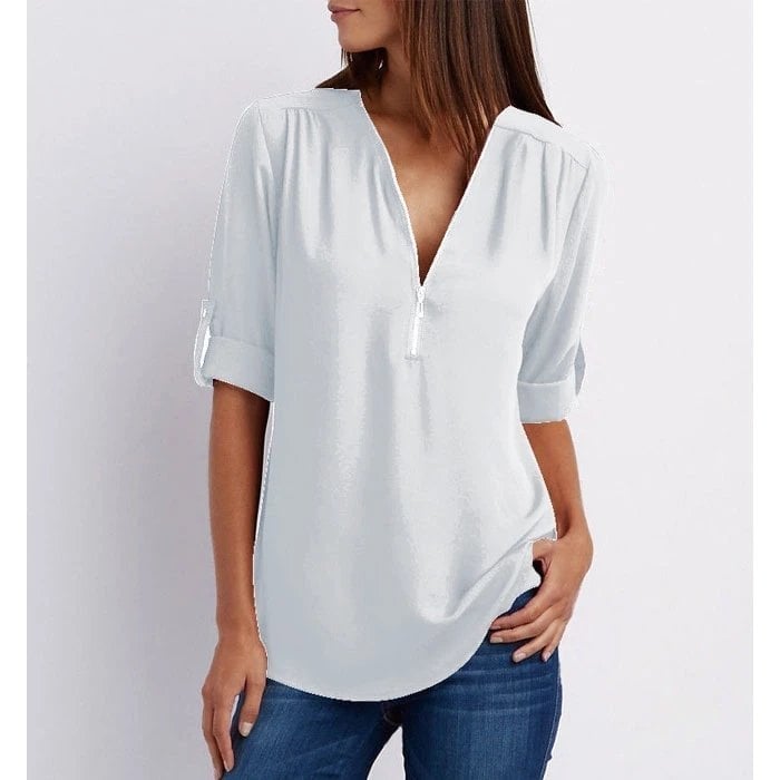 Blouse femme – Coupe décontractée – Tissu respirant – Demi-zip – Manches 3/4 retroussables
