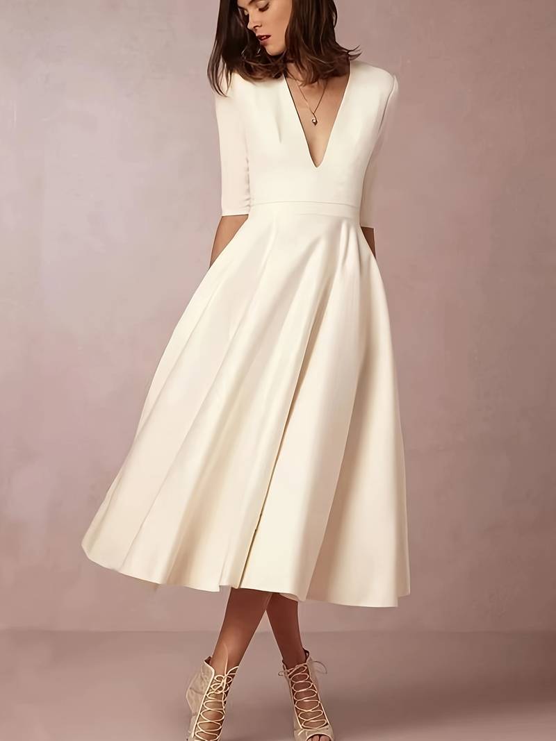 Robe midi femme – Tissu satiné – Coupe cintrée – Jupe évasée – Col en V – Manches 3/4