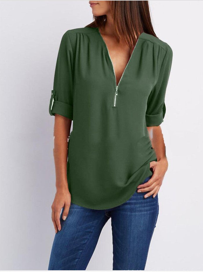 Blouse femme – Coupe décontractée – Tissu respirant – Demi-zip – Manches 3/4 retroussables