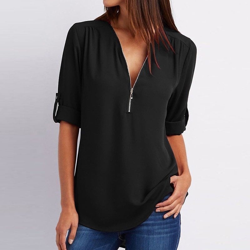 Blouse femme – Coupe décontractée – Tissu respirant – Demi-zip – Manches 3/4 retroussables