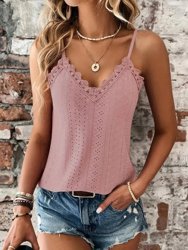 Top Camisole Femme - Dentelle Contrastée - Décolleté V - Bretelles Réglables