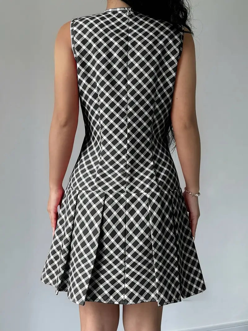 Robe Femme Sans Manches - Coupe Cintrée - Motif Carreaux - Jupe Évasée