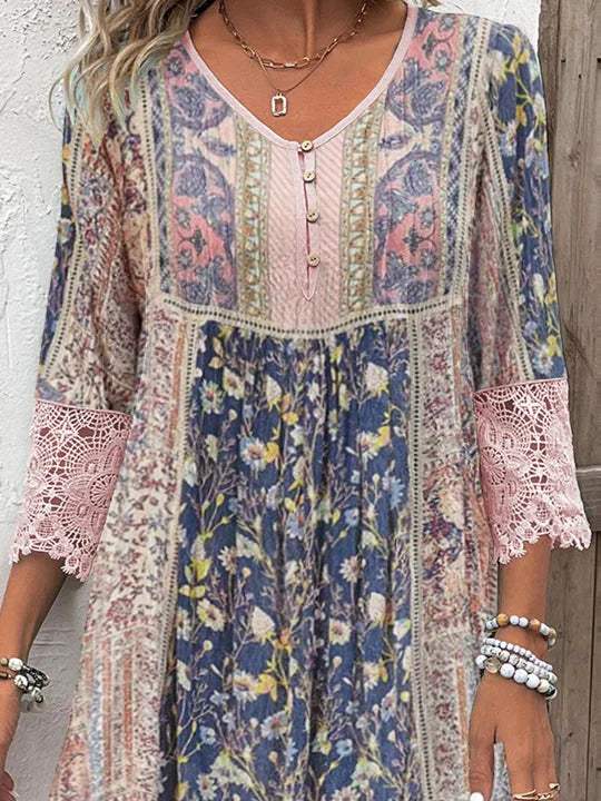 Robe Femme - Style Bohème - Manches 3/4 Dentelle - Col V Boutonné - Coupe Fluide