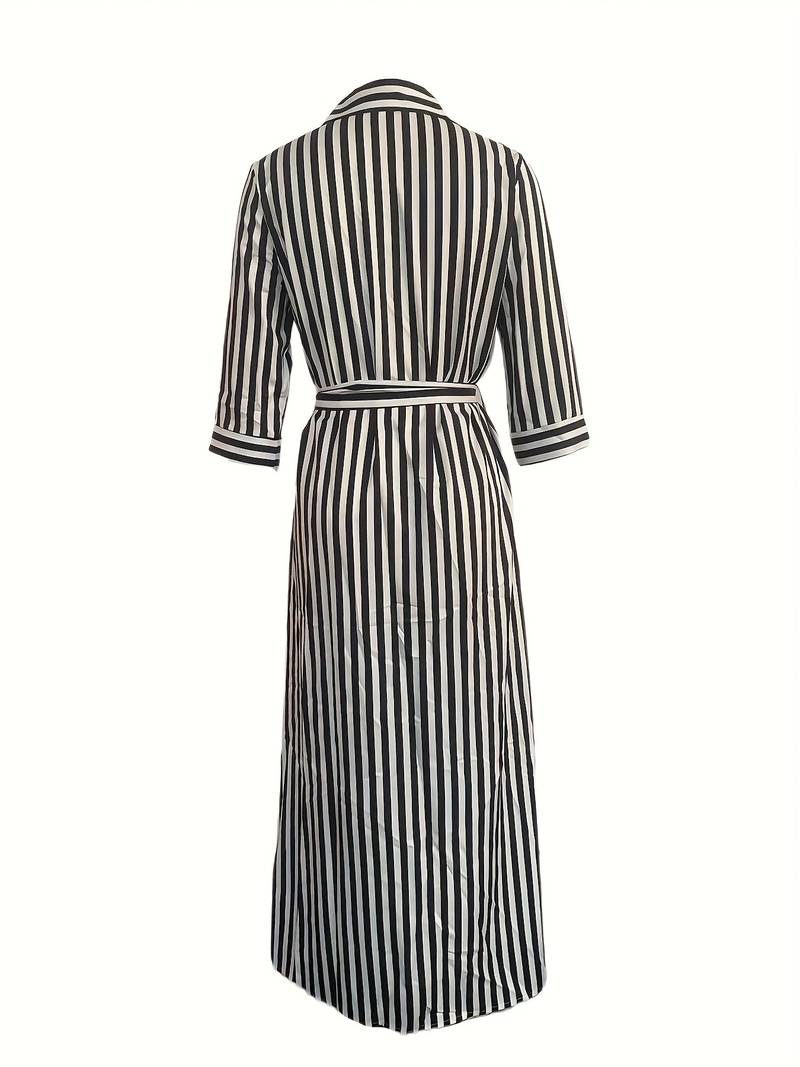 Robe Maxi Femme - Boutonnée - Manches 3/4 - Ceinturée - Motif Rayé - Col Chemise