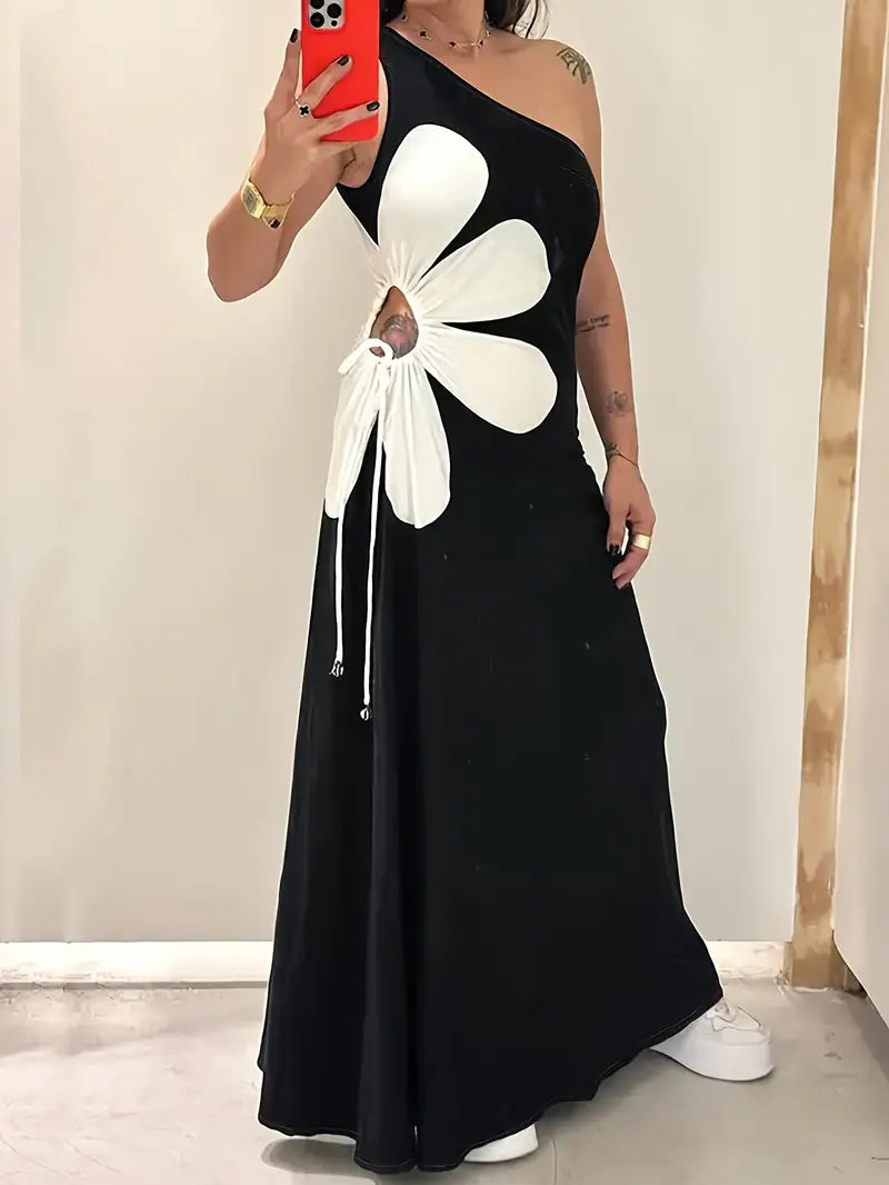 Robe Midi Femme - Coupe Ajustée - Asymétrique Une Épaule - Détail Fleur Appliquée