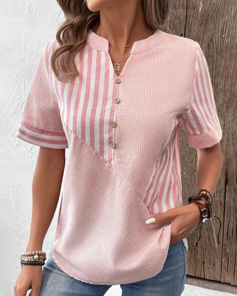 Blouse Femme - Coton Léger - Col Rond V Fendu - Manches Courtes - Style Décontracté