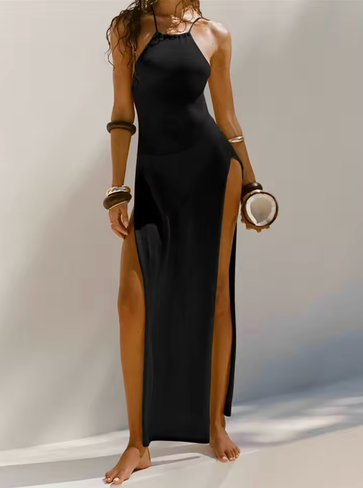 Robe Maxi Femme – Sans Manches – Fendue – Col Halter – Coupe Ajustée Élégante