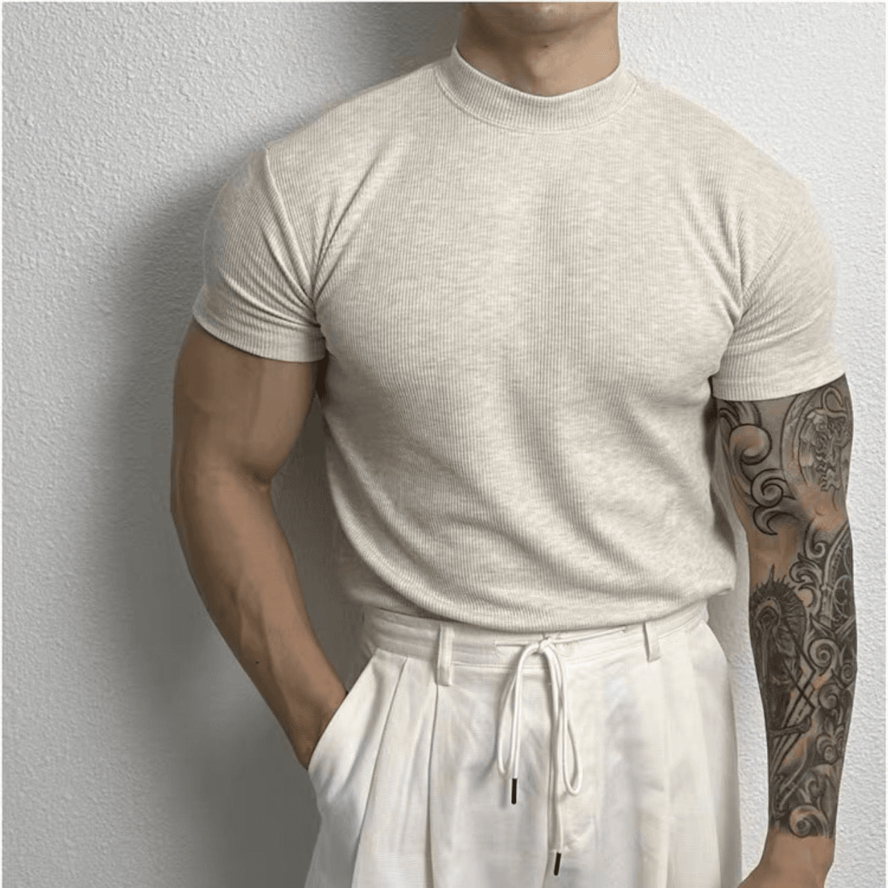 T-shirt Ajusté Homme - Maille Côtelée Respirante - Manches Courtes - Col Montant