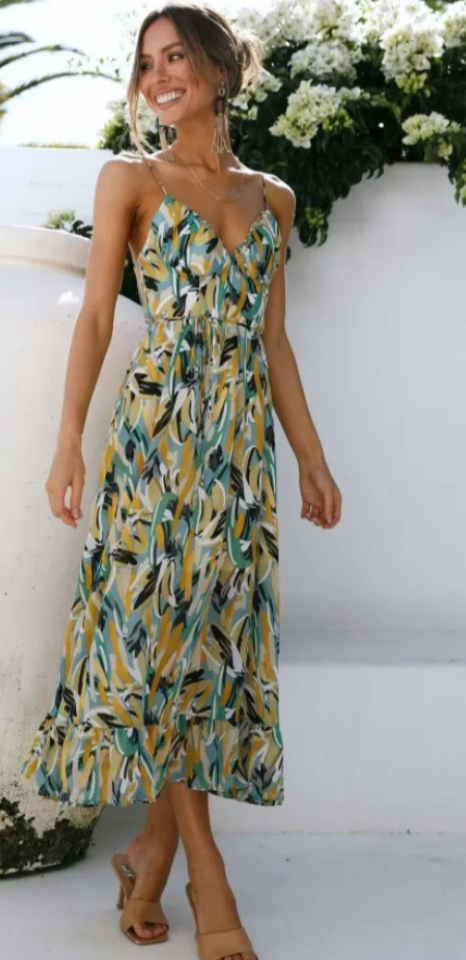 Robe Longue Femme - Sans Manches - Col V - Bretelles Fines - Fluide et Élégante