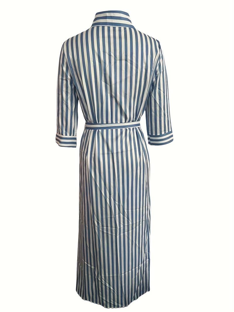 Robe Maxi Femme - Boutonnée - Manches 3/4 - Ceinturée - Motif Rayé - Col Chemise