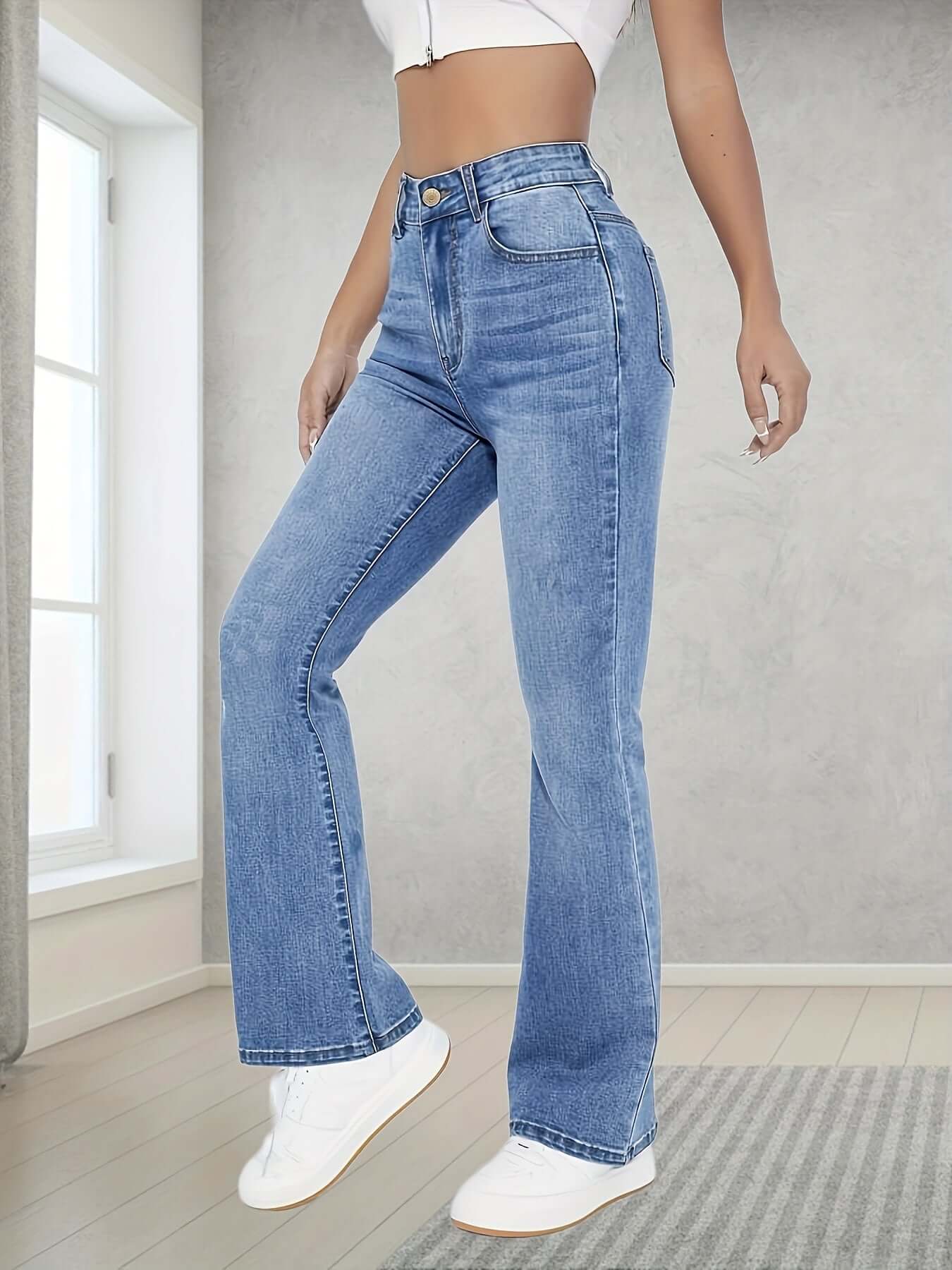 Femme Jean - Denim - Taille Haute - Coupe Slim - Longueur Complète - Bootcut