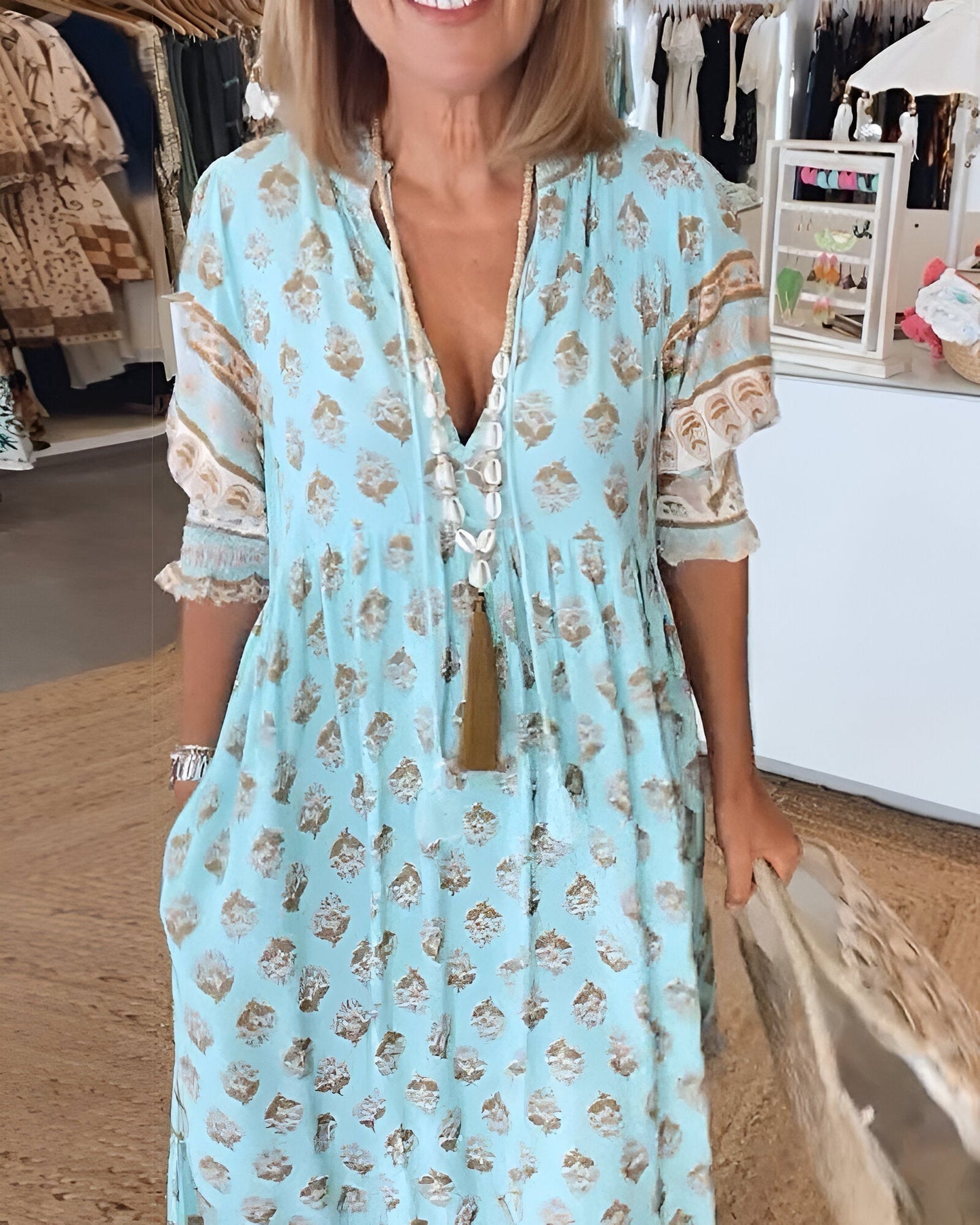 Robe longue femme – Tissu naturel – Motif bohème – Manches 3/4 – Coupe fluide