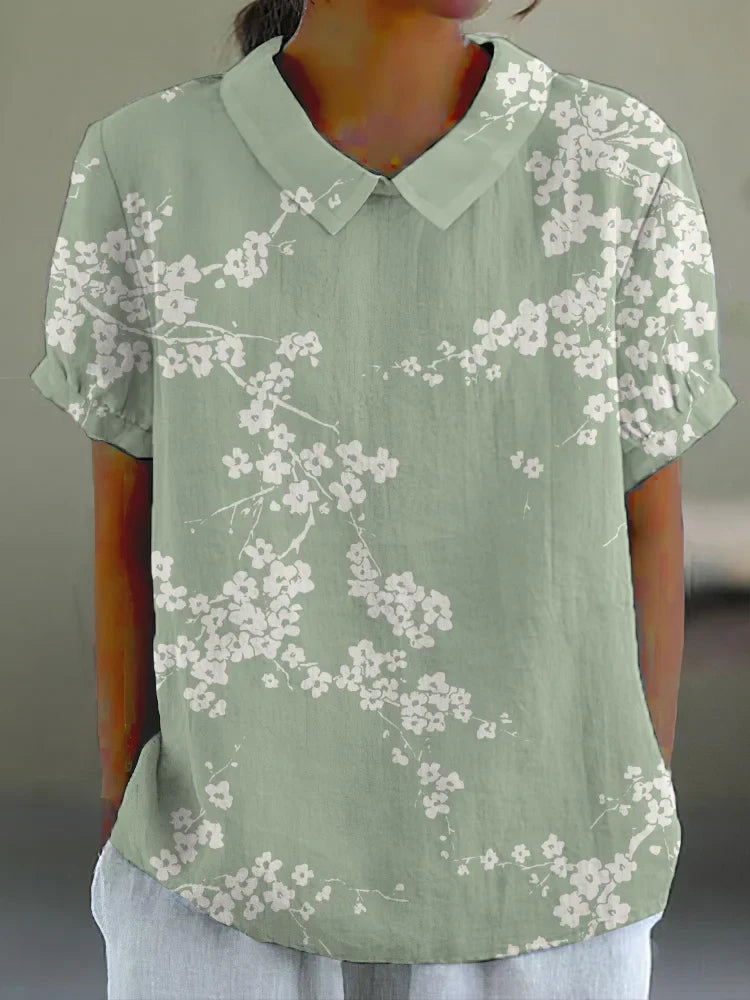 Blouse Femme - Imprimé Fleuri - Coupe Ample - Manches Courtes - Col Classique
