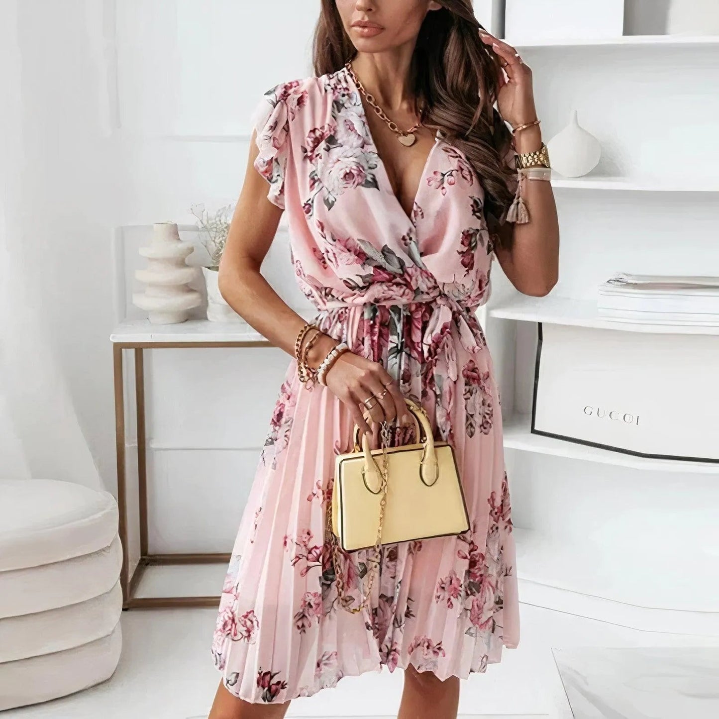 Robe Femme - Décolleté V Cache-Cœur - Manches Courtes Volantées - Coupe Fluide Plissée