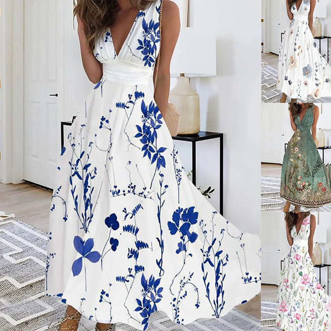 Robe longue femme – Tissu respirant – Sans manches – Décolleté en V – Imprimé fleuri