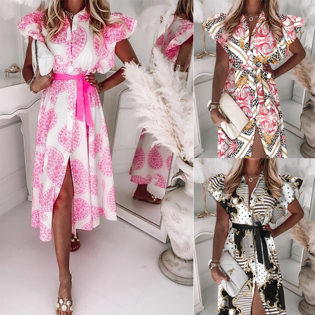 Robe Longue Femme - Boutonnée - Manches Volantes - Ceinture Taille - Motif Paisley