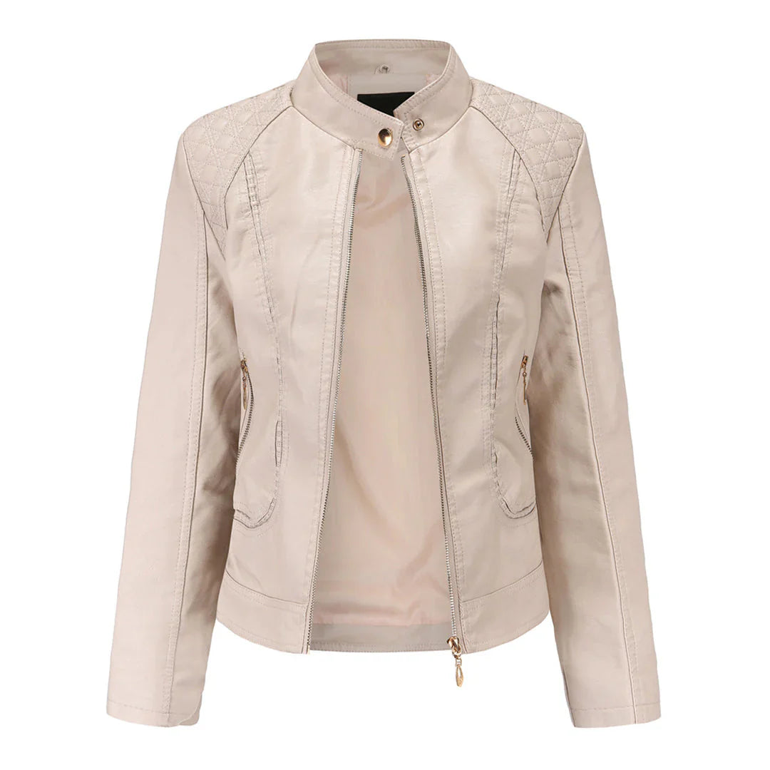 Veste en cuir femme – Coupe slim – Épaules matelassées – Col montant – Poches zippées