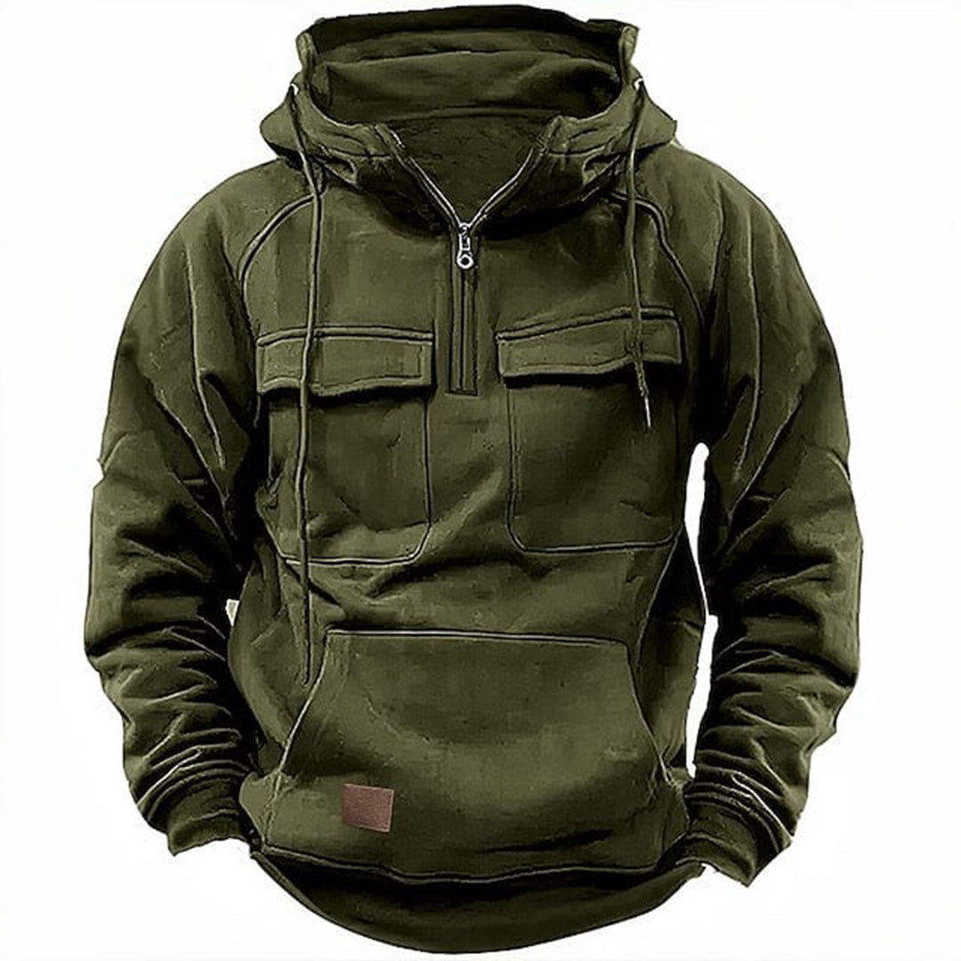 Sweat à capuche homme – Coupe décontractée – Coton – Demi-zip – Poches à rabat