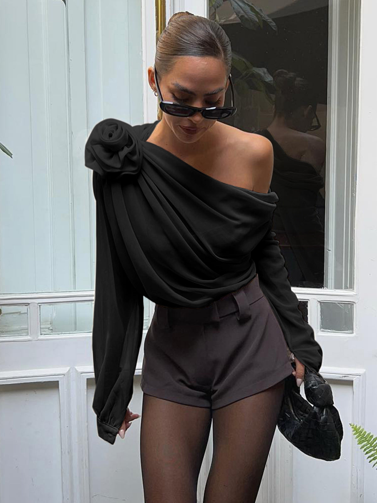 Blouse Femme - Asymétrique Une Épaule - Drapée Élégante - Manches Longues Fluides