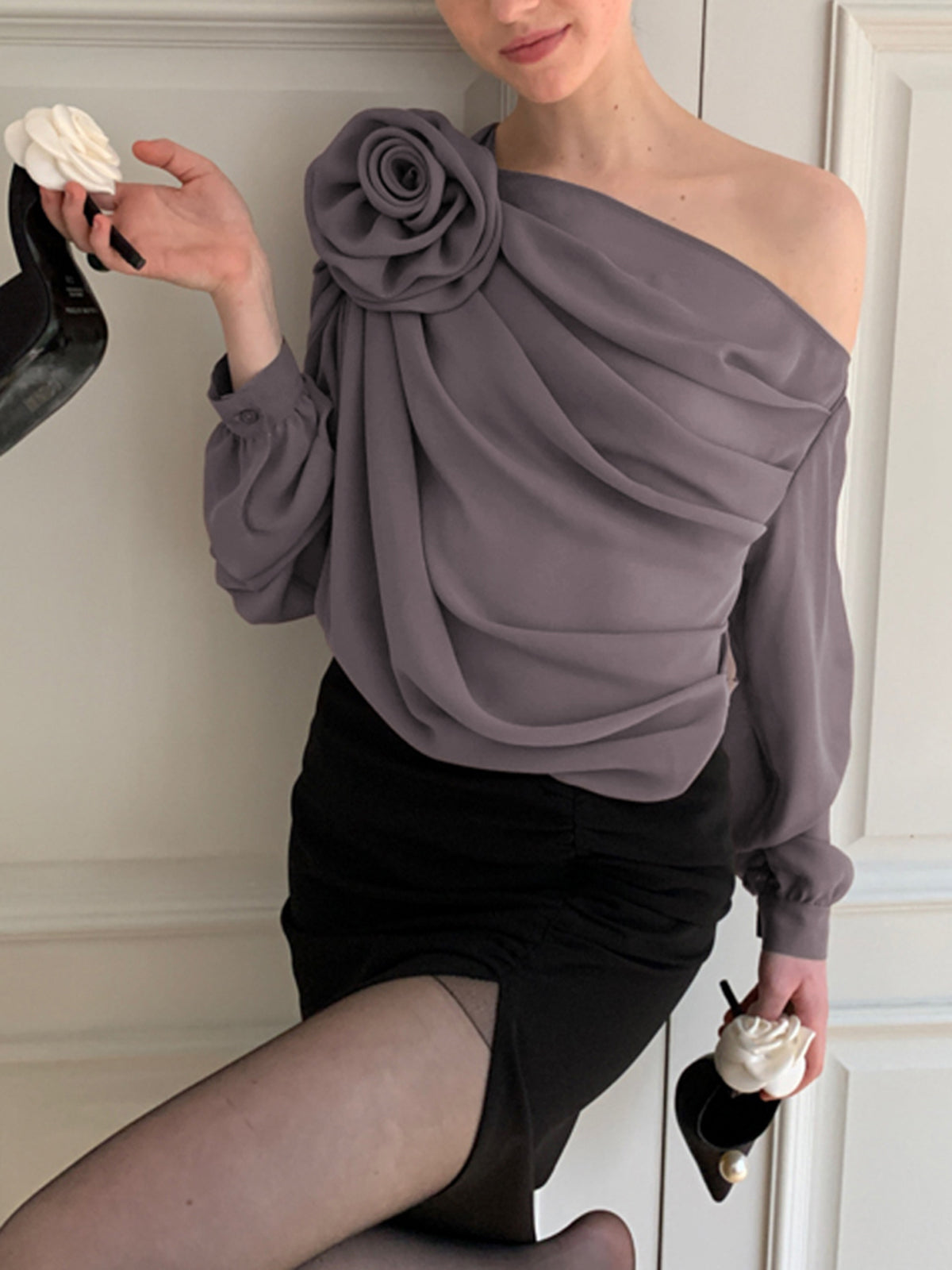 Blouse Femme - Asymétrique Une Épaule - Drapée Élégante - Manches Longues Fluides
