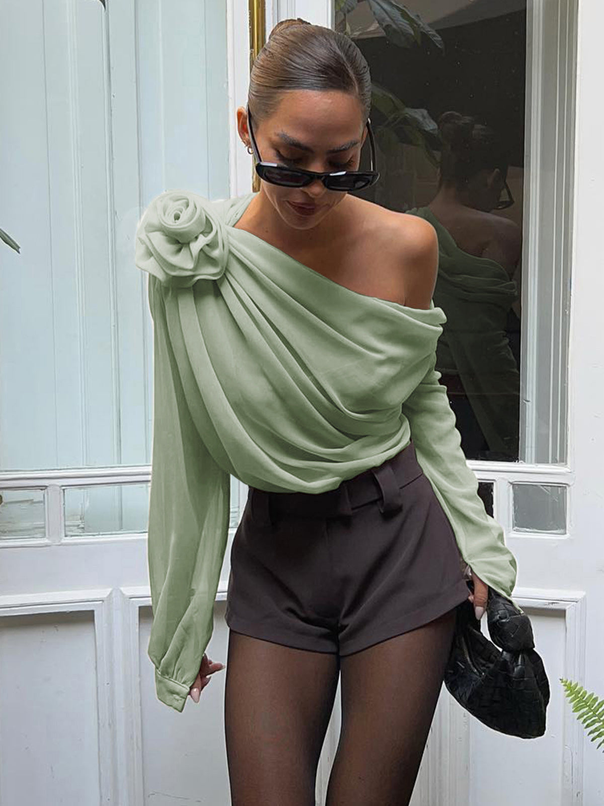 Blouse Femme - Asymétrique Une Épaule - Drapée Élégante - Manches Longues Fluides