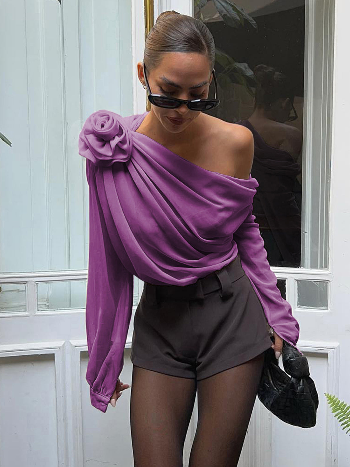 Blouse Femme - Asymétrique Une Épaule - Drapée Élégante - Manches Longues Fluides