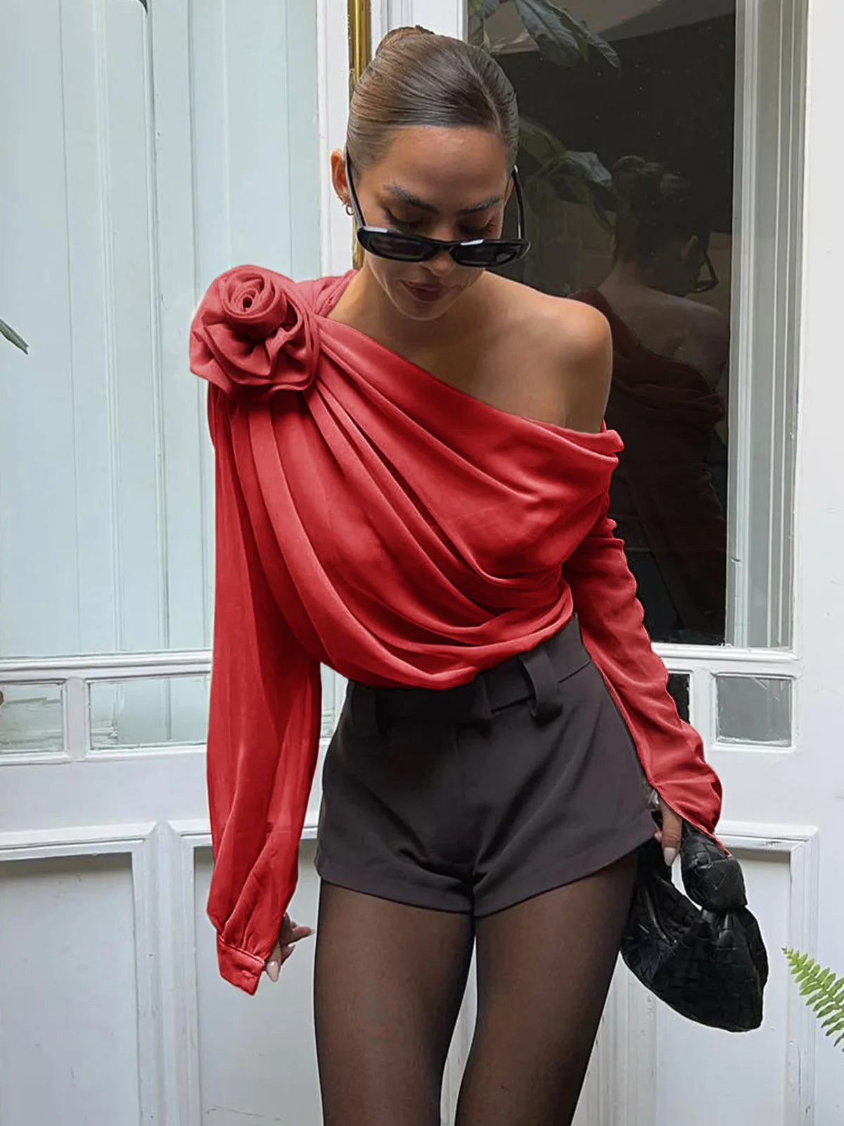 Blouse Femme - Asymétrique Une Épaule - Drapée Élégante - Manches Longues Fluides