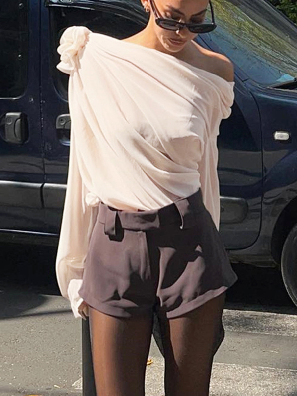 Blouse Femme - Asymétrique Une Épaule - Drapée Élégante - Manches Longues Fluides