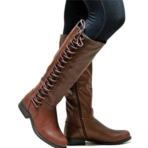 Bottes femme hauteur genou – Ajustement moulant – Laçage frontal – Semelle plate zipée