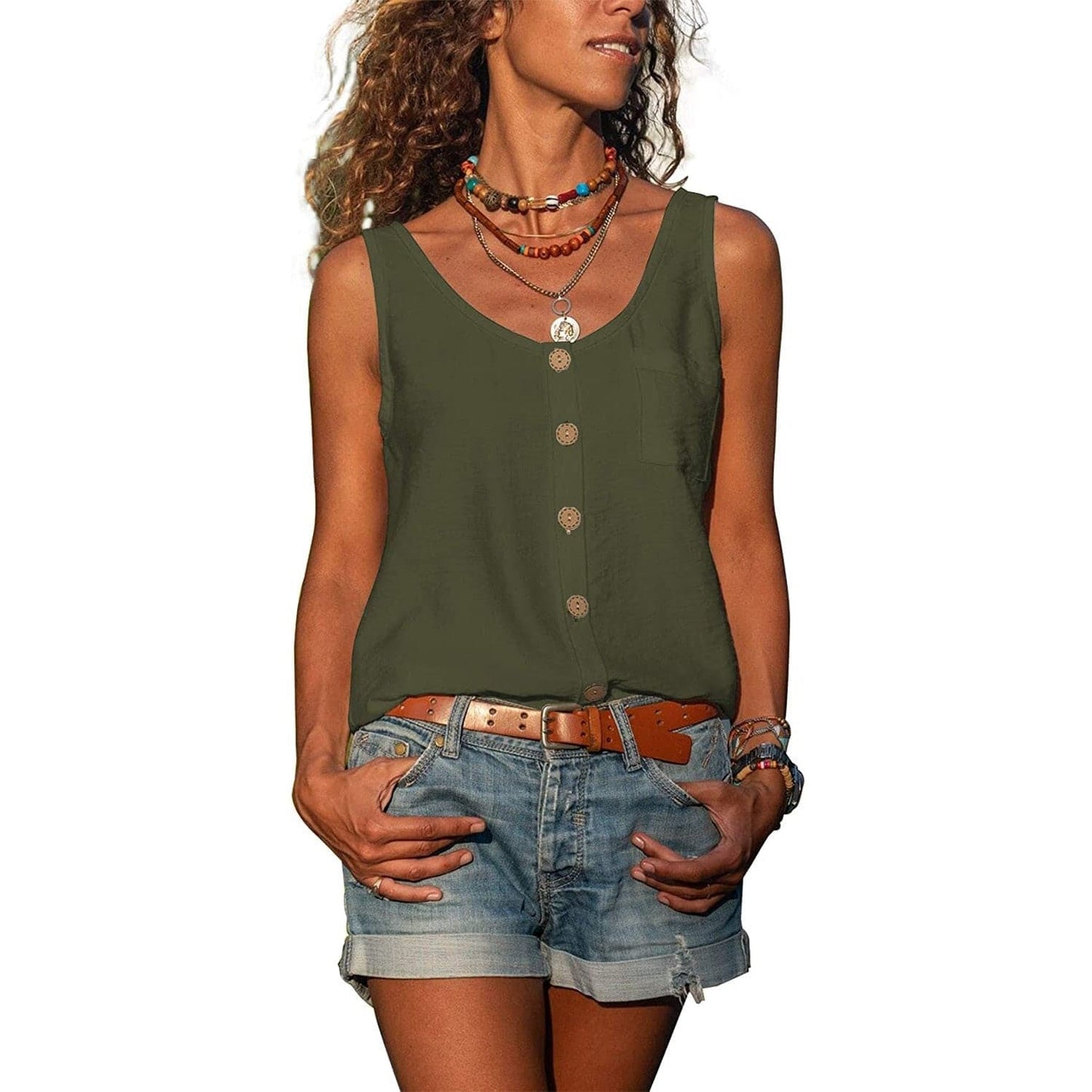Top Femme - Sans Manches - Boutonné - Coupe Ample - Style Décontracté