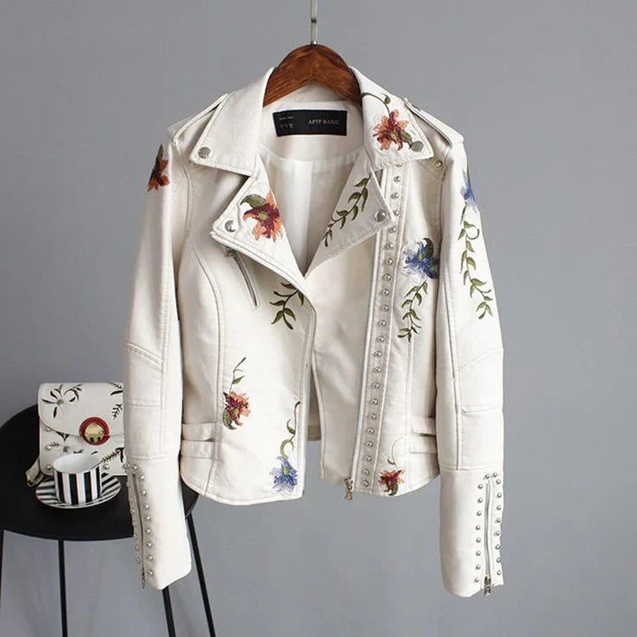 Veste motard femme – Coupe ajustée – Similicuir léger – Broderie florale – Clous