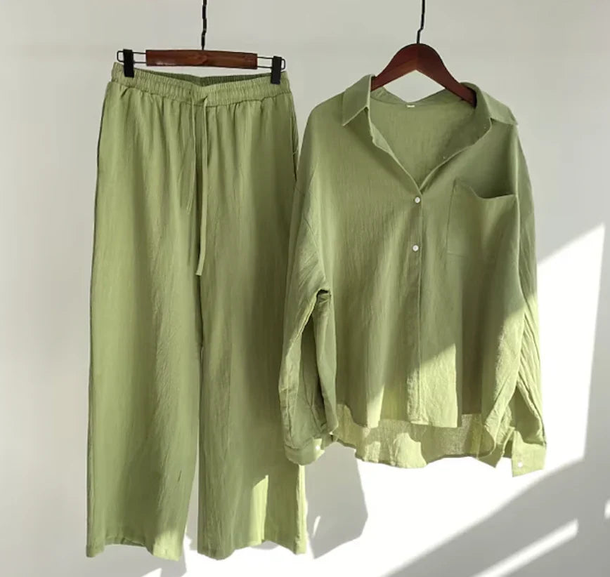 Ensemble coordonné femme – Chemise ample et pantalon large – Coton respirant