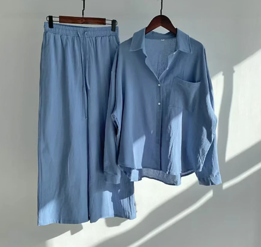 Ensemble coordonné femme – Chemise ample et pantalon large – Coton respirant