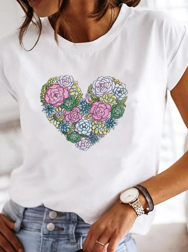 T-shirt femme – Coupe décontractée – Maille douce – Manches courtes – Motifs cœurs